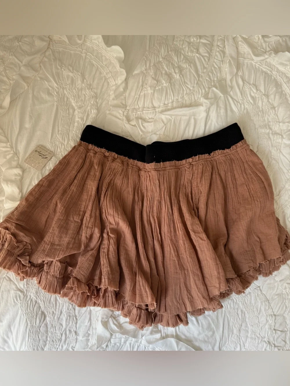 Free People Rust Brown Ruffle Mini Skirt with Black Waistband. NWT
